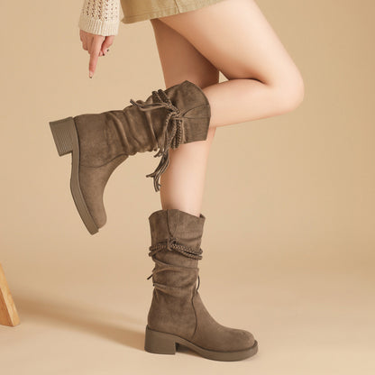 Suede Fringe Tall Boots — Women's Block Heel Slip-On 3
