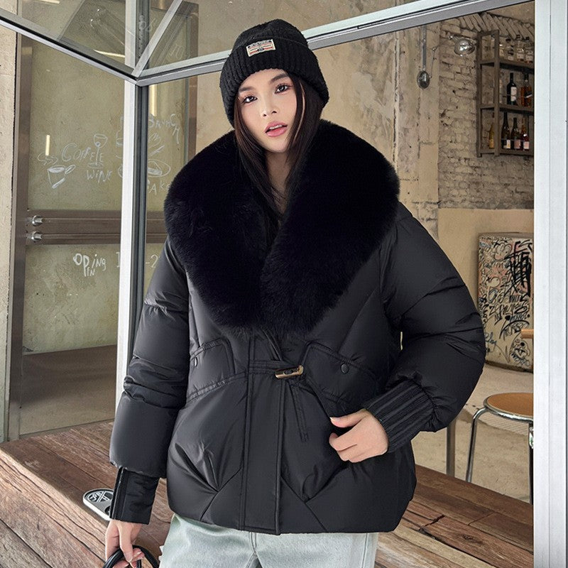 Chenille Short Puffer Jacket — Detachable Faux Fur Collar Women 10