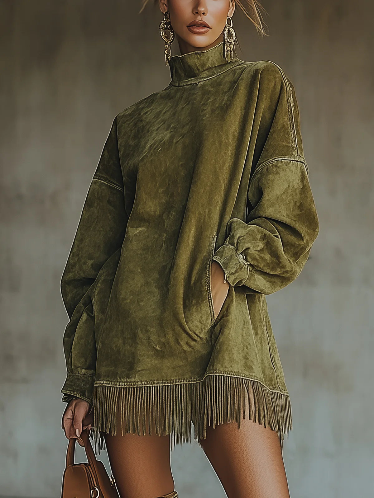 Suede-Look Fringe Turtleneck Mini Dress — Boho Relaxed Fit 1