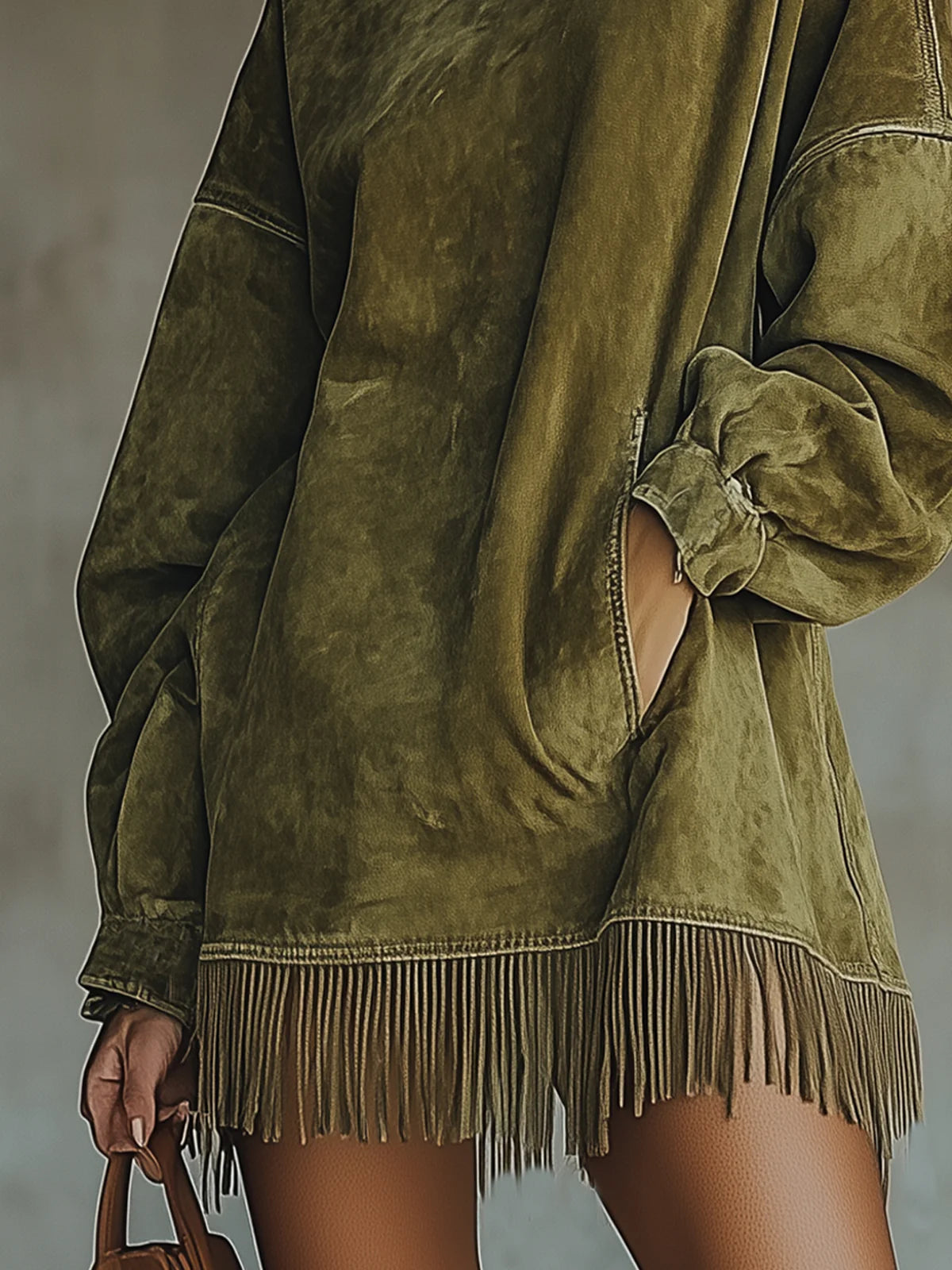 Suede-Look Fringe Turtleneck Mini Dress — Boho Relaxed Fit 5