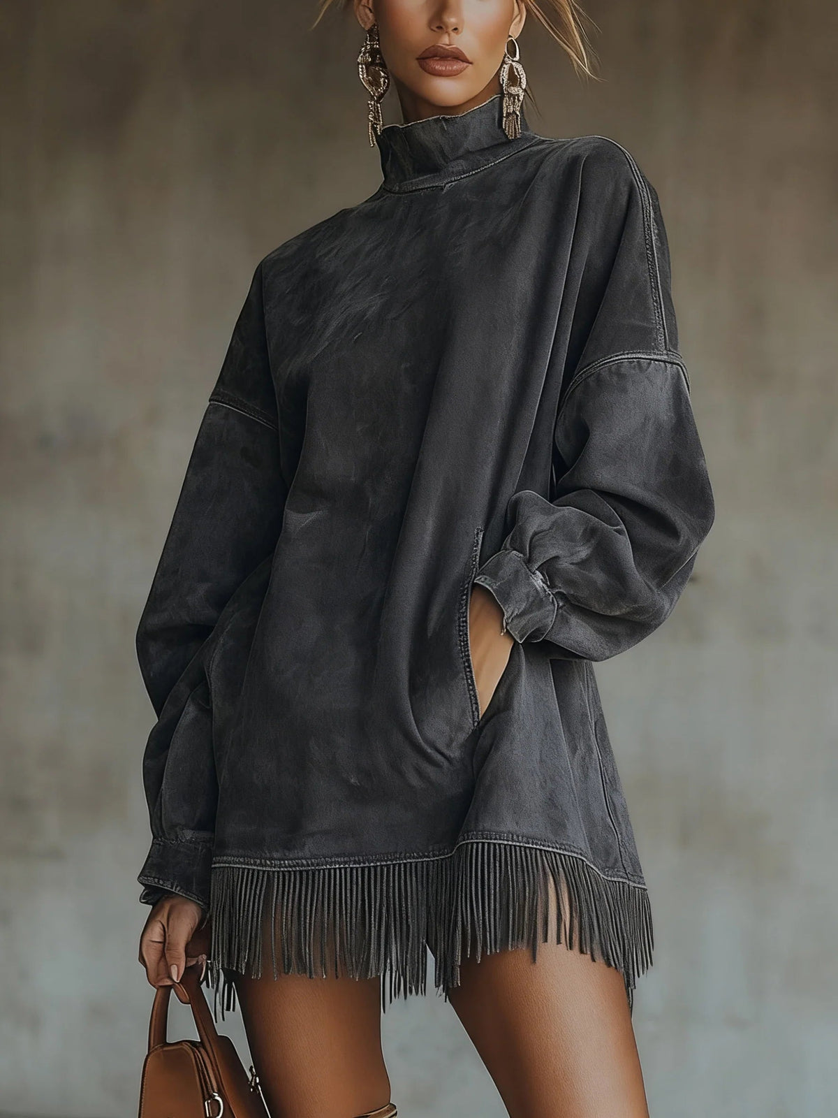 Suede-Look Fringe Turtleneck Mini Dress — Boho Relaxed Fit 3