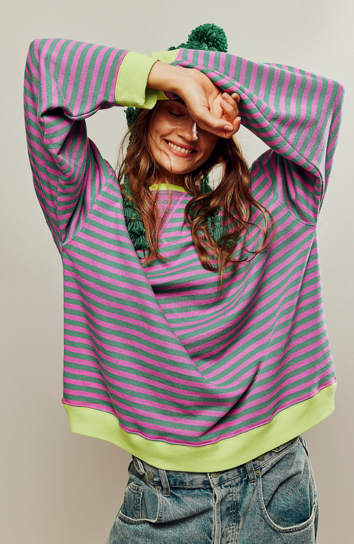 Oversized Striped Sweatshirt — Contrast Neon Trim Drop Shoulder 1