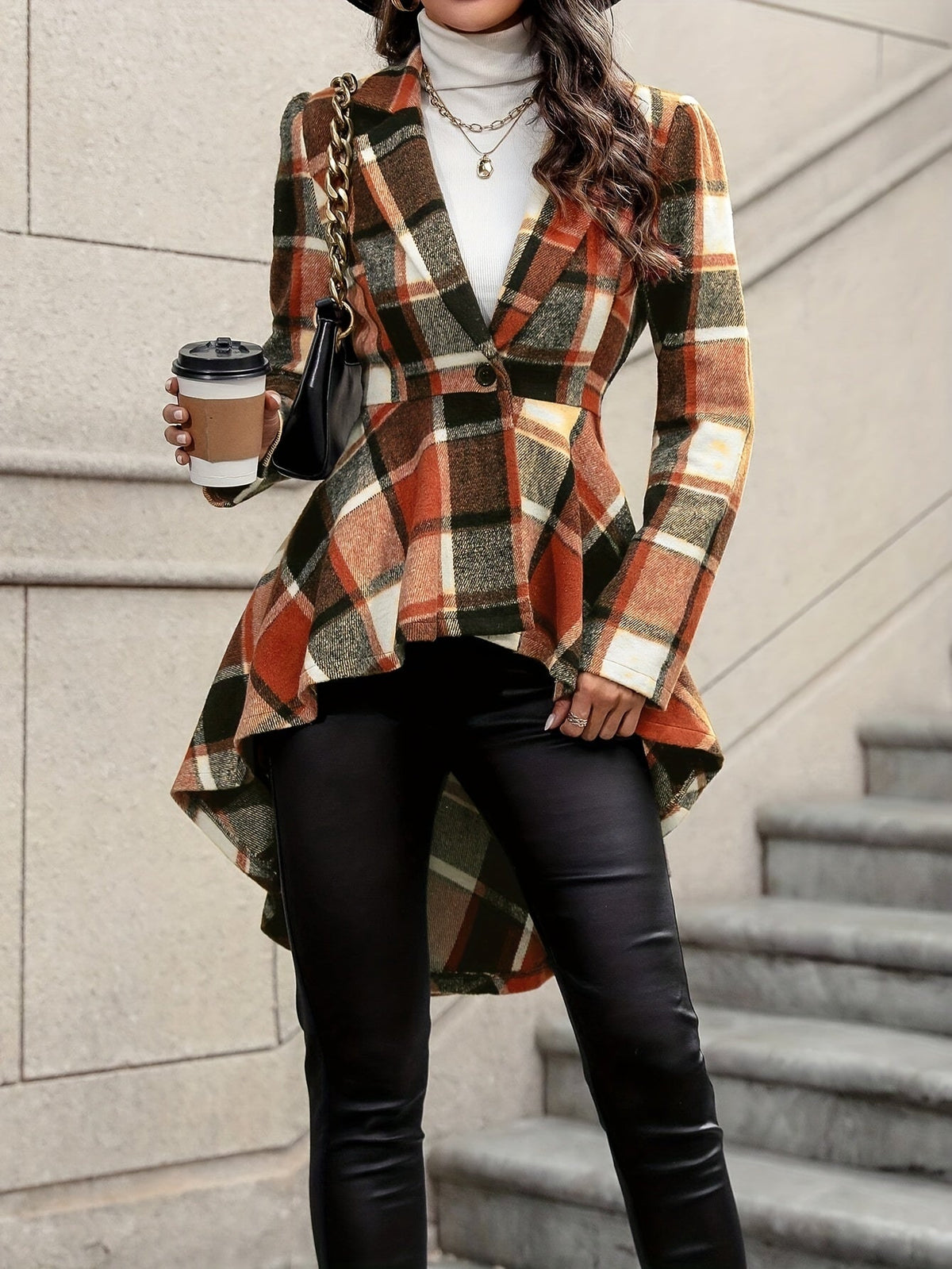 Plaid Wrap Jacket — Flared Asymmetric Hem & Single Button 1