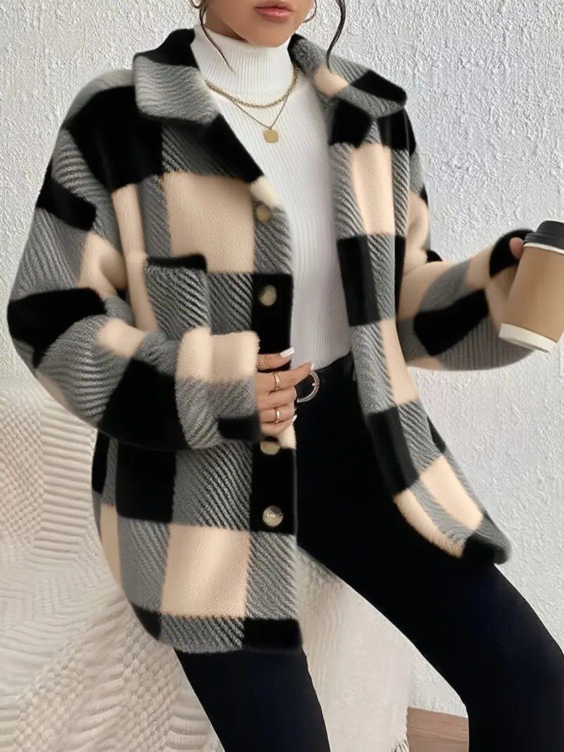Plush Check Shacket — Oversized Fit with Gold Buttons 3
