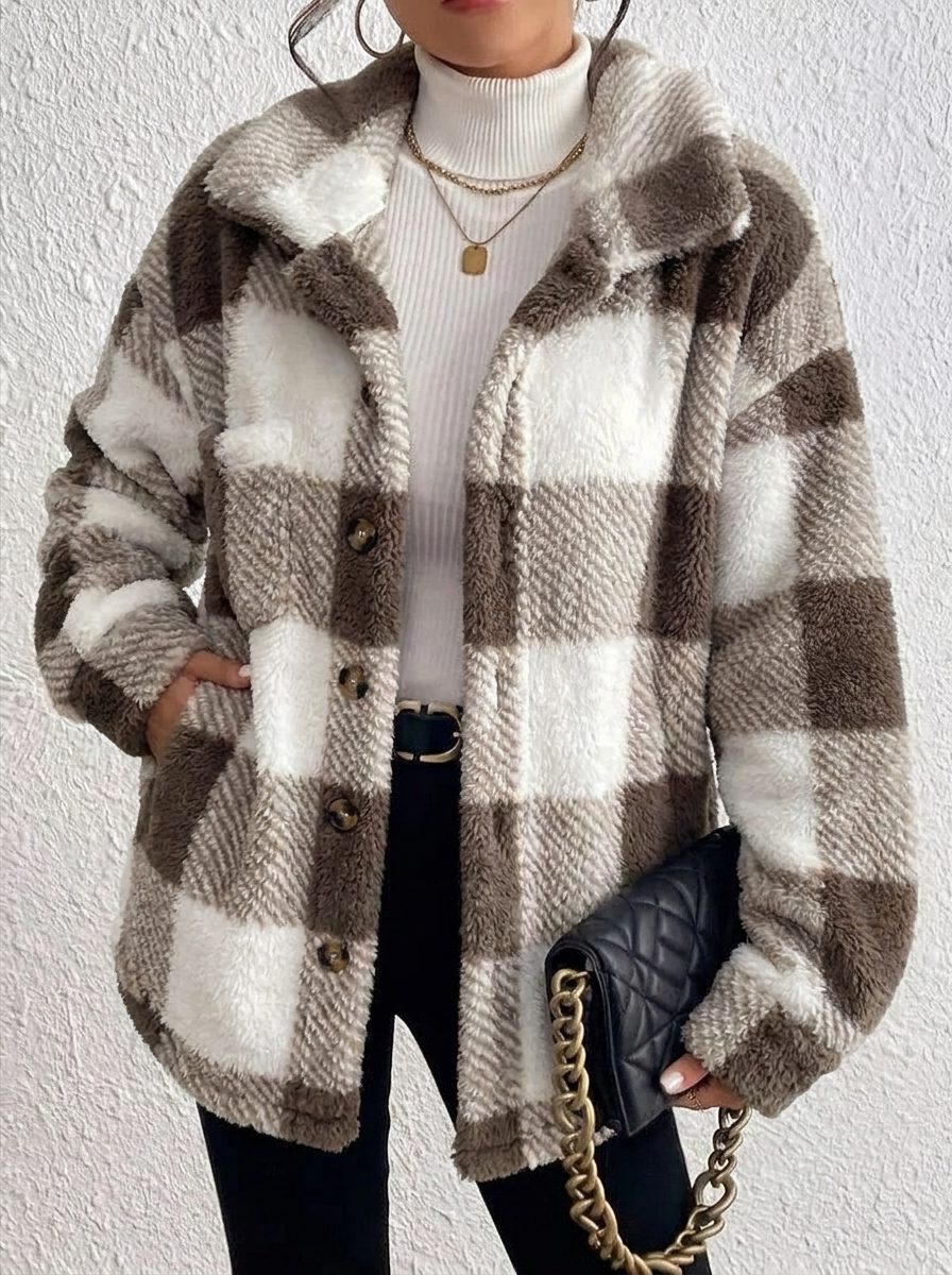Plush Check Shacket — Oversized Fit with Gold Buttons 4