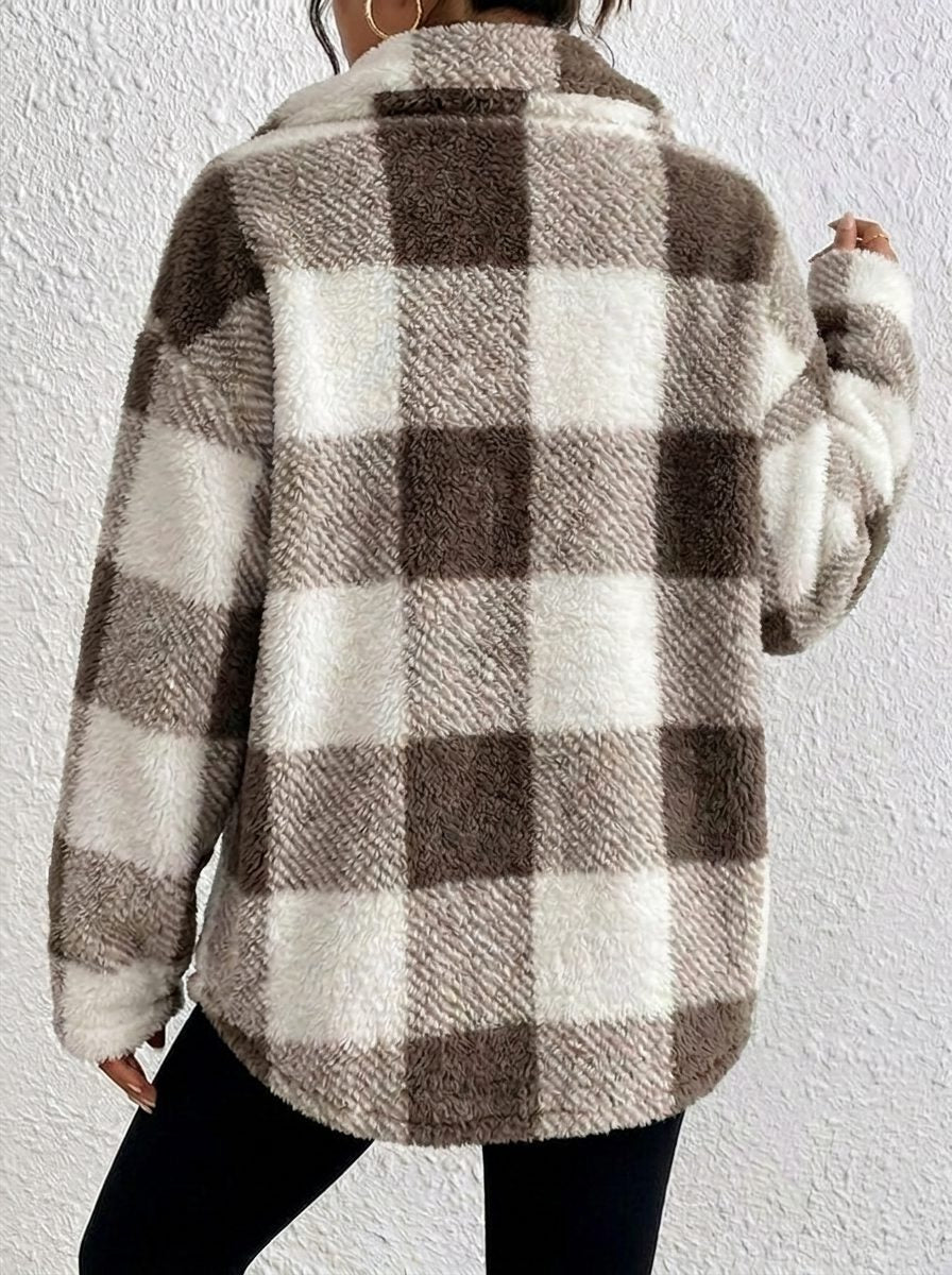Plush Check Shacket — Oversized Fit with Gold Buttons 5