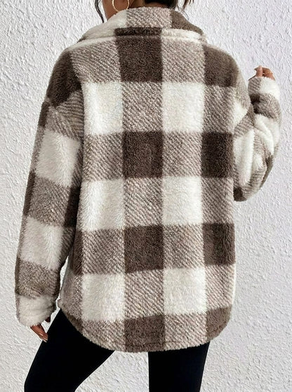 Plush Check Shacket — Oversized Fit with Gold Buttons 5