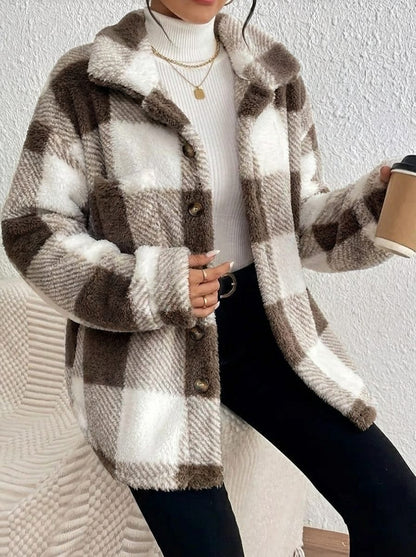 Plush Check Shacket — Oversized Fit with Gold Buttons 6