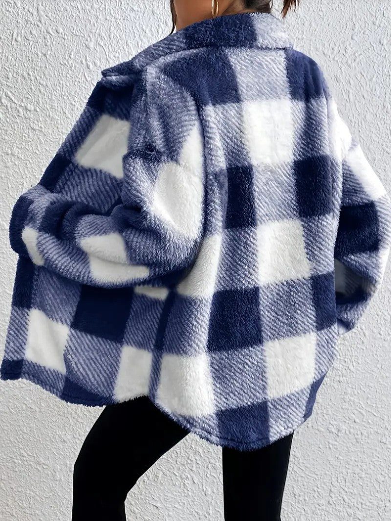 Plush Check Shacket — Oversized Fit with Gold Buttons 8