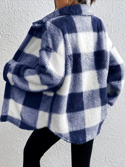 Plush Check Shacket — Oversized Fit with Gold Buttons 8