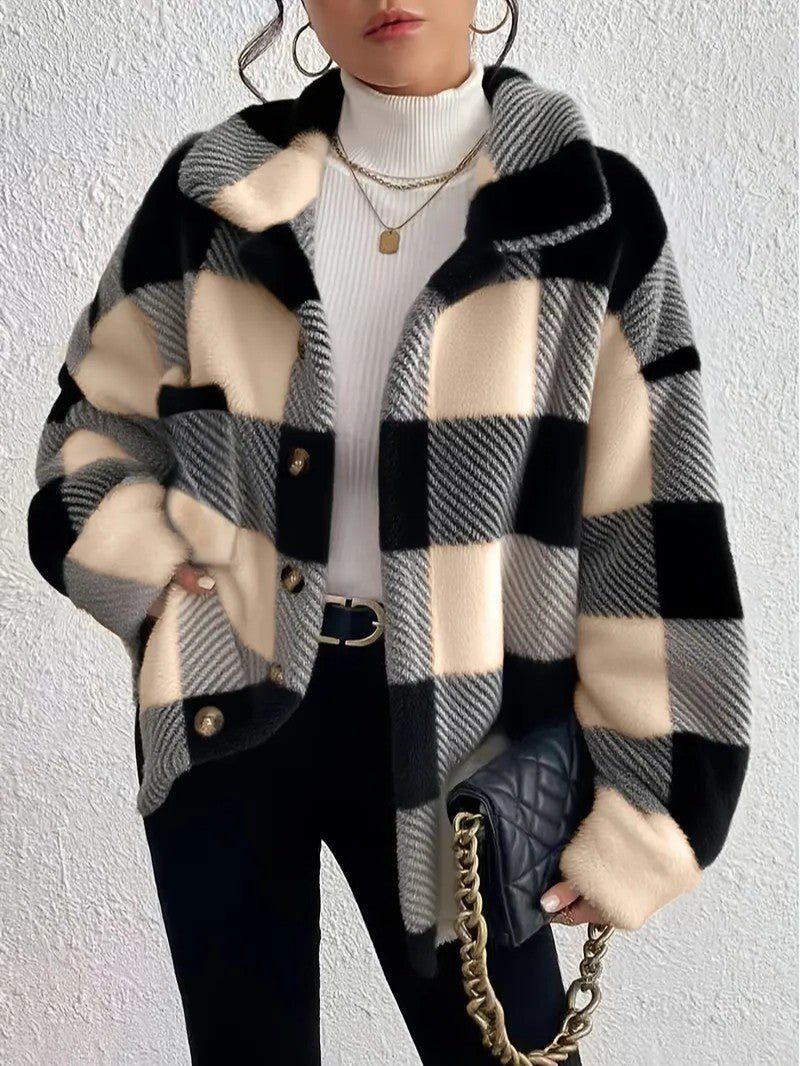 Plush Check Shacket — Oversized Fit with Gold Buttons 1