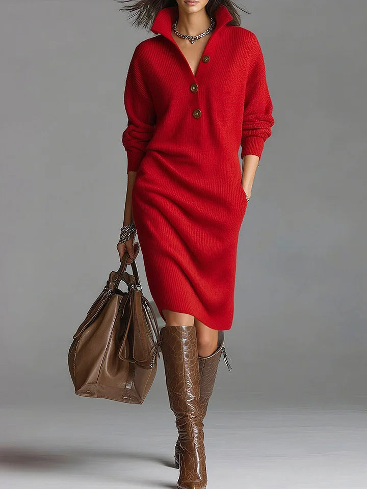 Ribbed Knit Midi Dress — Collar & Button Neckline 2