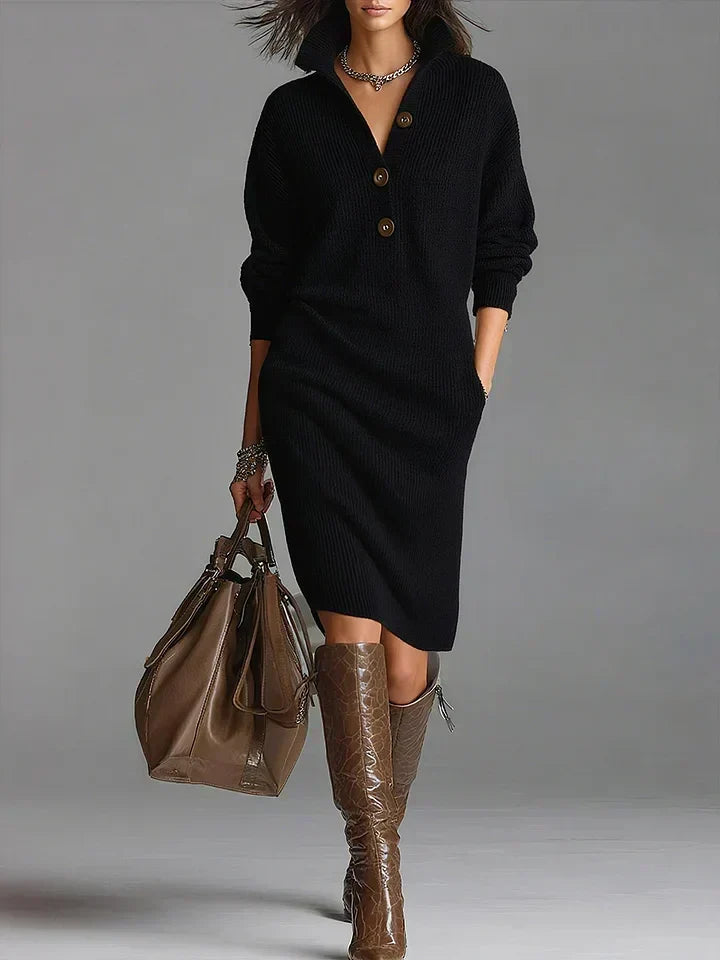 Ribbed Knit Midi Dress — Collar & Button Neckline 4