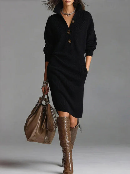 Ribbed Knit Midi Dress — Collar & Button Neckline 4
