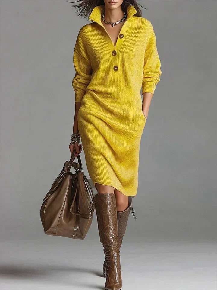 Ribbed Knit Midi Dress — Collar & Button Neckline 1