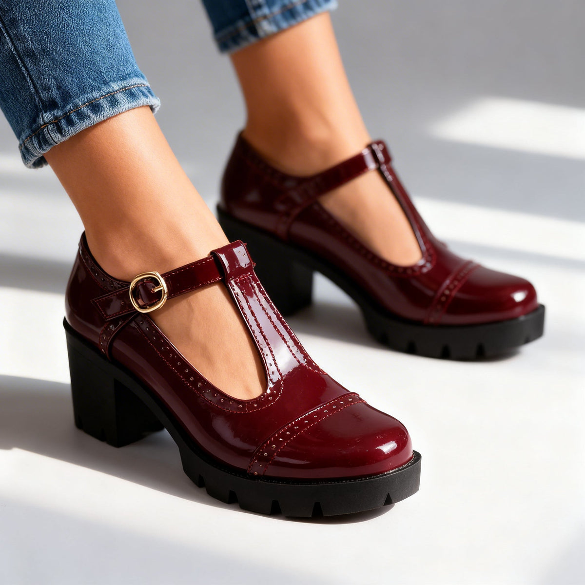 Chunky Heel Mary Janes — T-Bar Strap & Patent Lug Sole 2