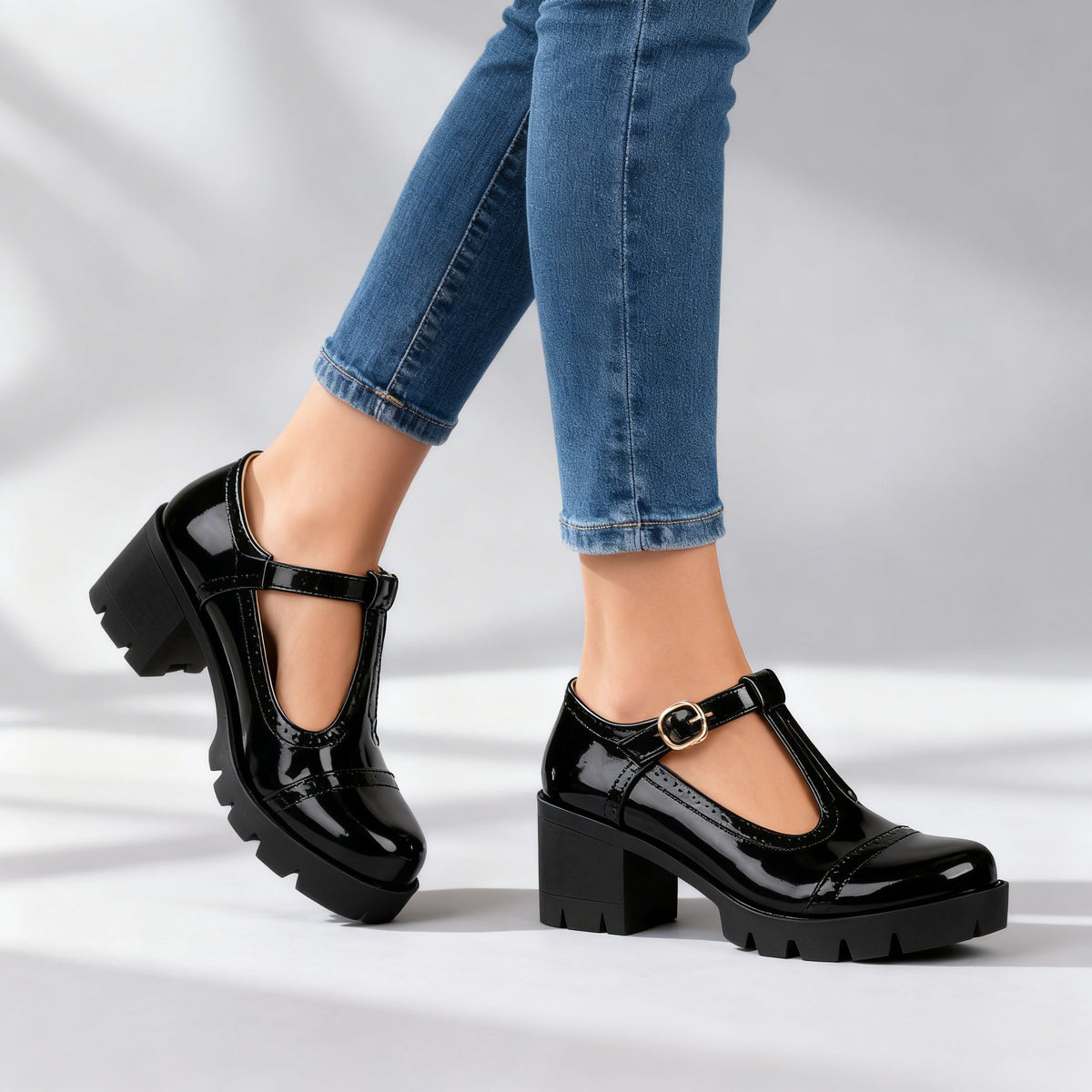 Chunky Heel Mary Janes — T-Bar Strap & Patent Lug Sole 4