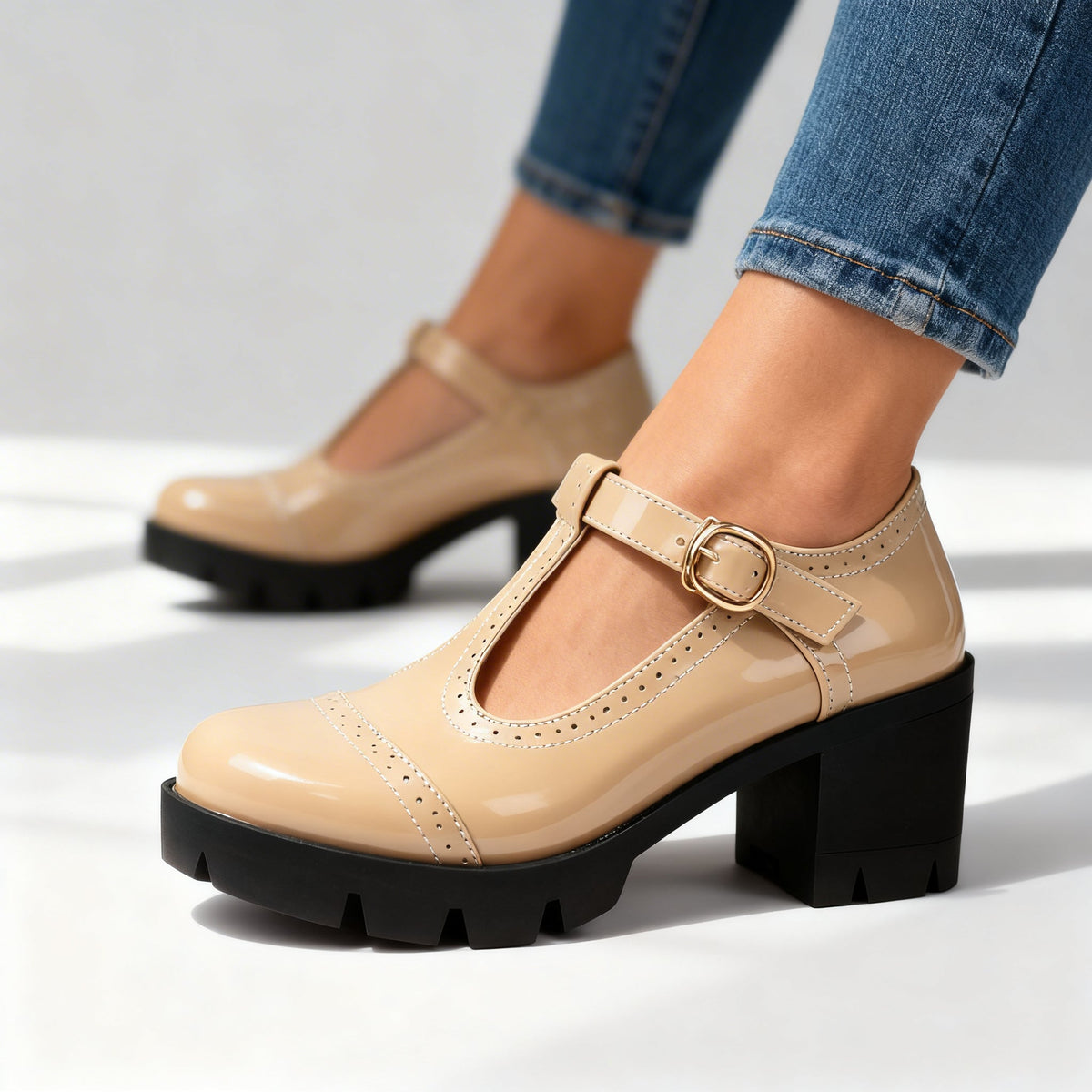 Chunky Heel Mary Janes — T-Bar Strap & Patent Lug Sole 6