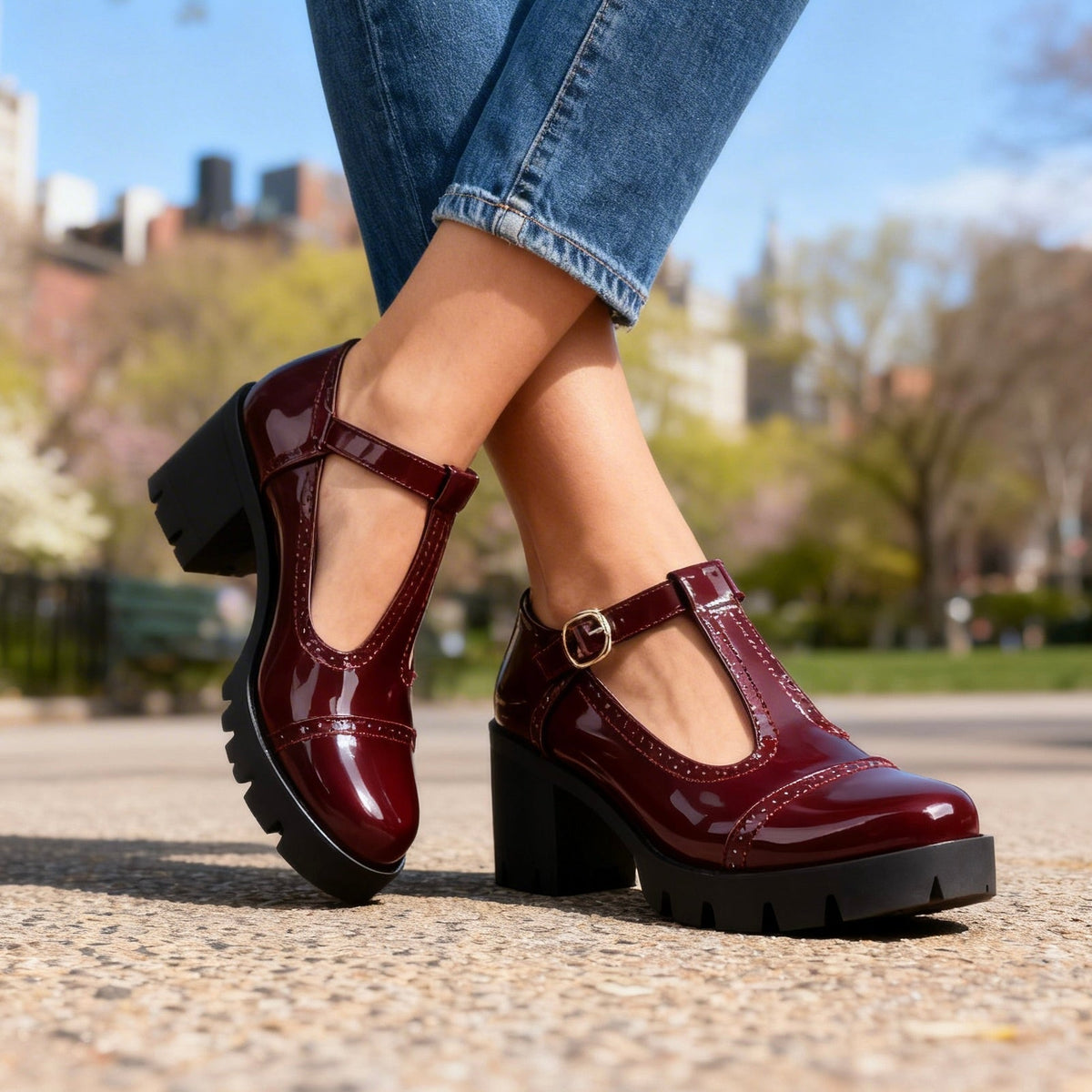 Chunky Heel Mary Janes — T-Bar Strap & Patent Lug Sole 1