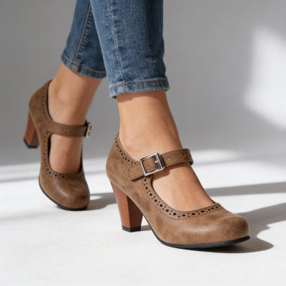Retro Brogue Mary Jane Block Heels — Buckle Ankle Strap 2