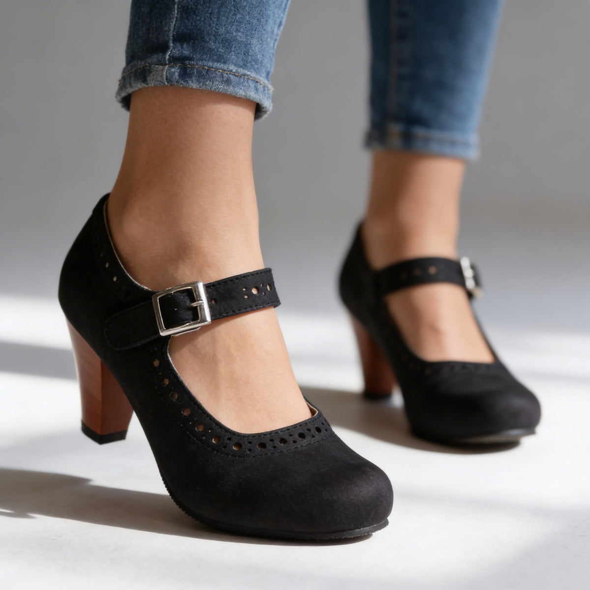 Retro Brogue Mary Jane Block Heels — Buckle Ankle Strap 4
