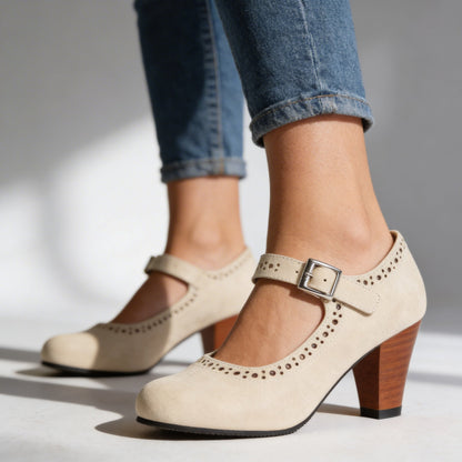 Retro Brogue Mary Jane Block Heels — Buckle Ankle Strap 6