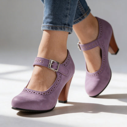 Retro Brogue Mary Jane Block Heels — Buckle Ankle Strap 8