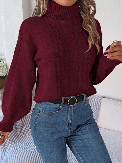 Cable Knit Turtleneck Sweater — Puff Sleeves Cropped Fit 2