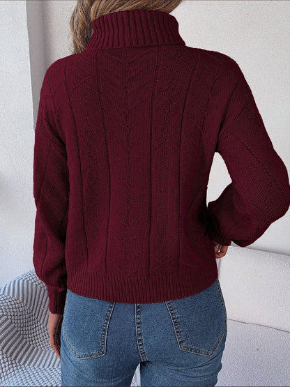 Cable Knit Turtleneck Sweater — Puff Sleeves Cropped Fit 3