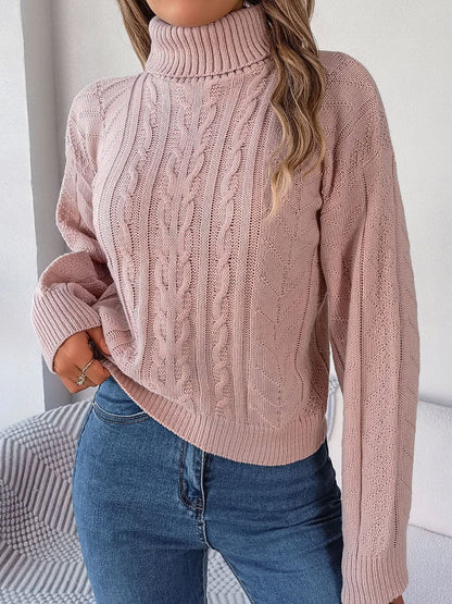 Cable Knit Turtleneck Sweater — Puff Sleeves Cropped Fit 4