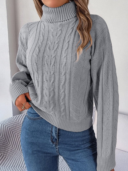 Cable Knit Turtleneck Sweater — Puff Sleeves Cropped Fit 6