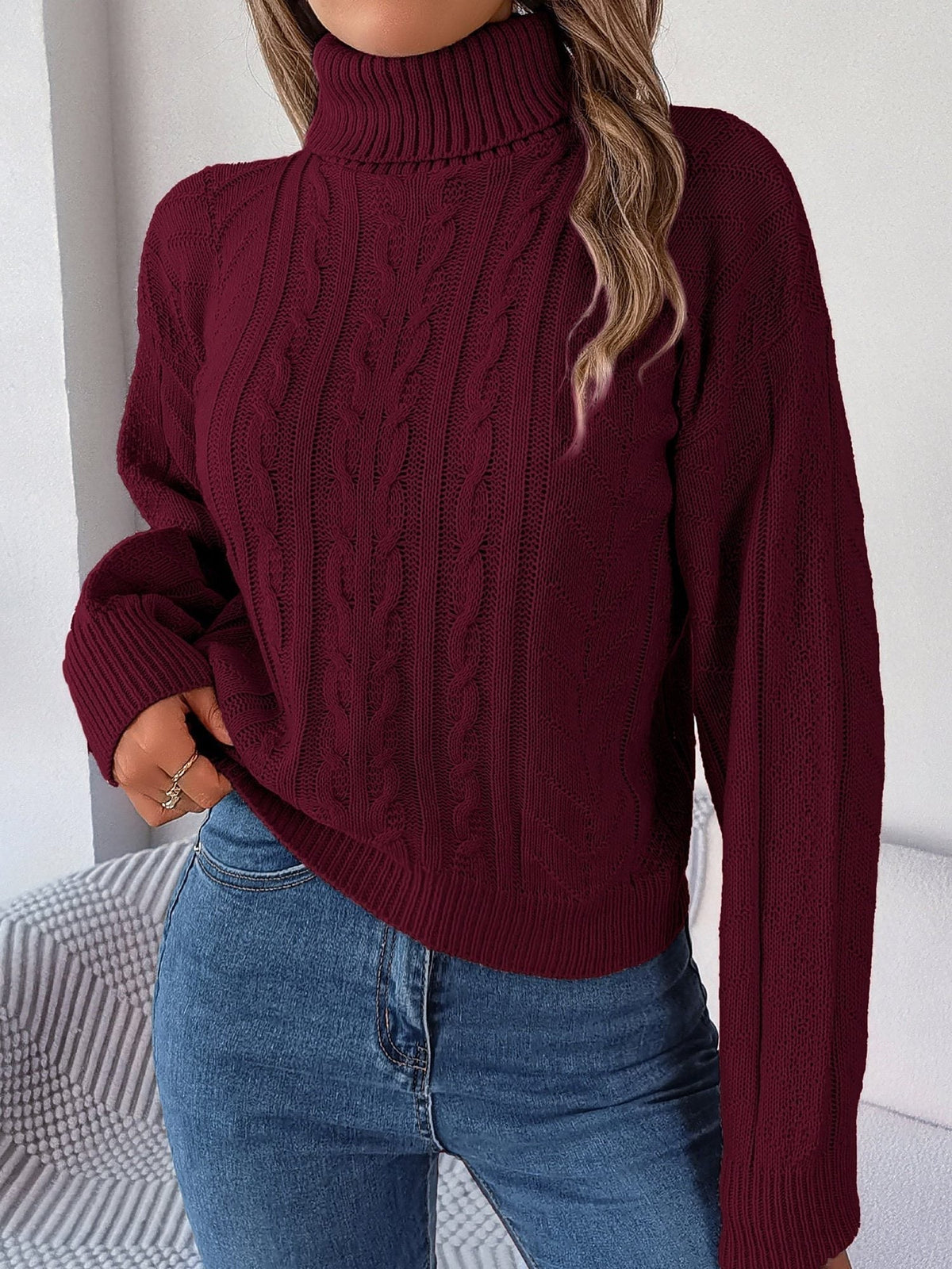 Cable Knit Turtleneck Sweater — Puff Sleeves Cropped Fit 1