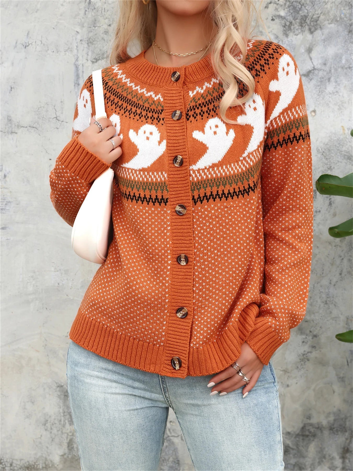 Women's Halloween Ghost Knit Sweater — Polka Dot Crew Neck 1