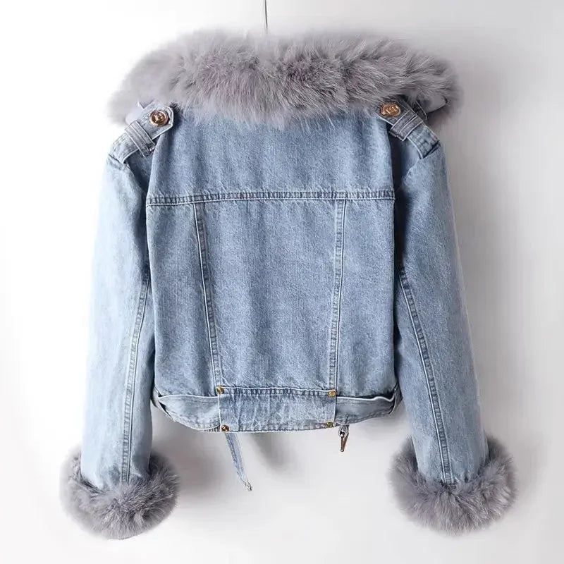 Faux Fur Denim Jacket Women — Cropped Biker Style 8