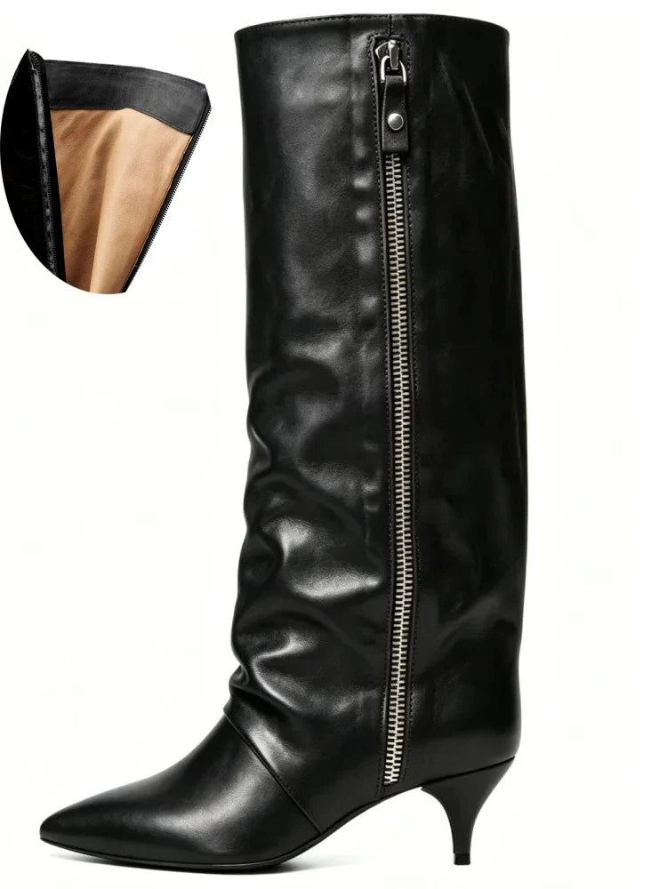 Kitten Heel Knee-High Boots — Pointed Toe Suede & Faux Leather 23