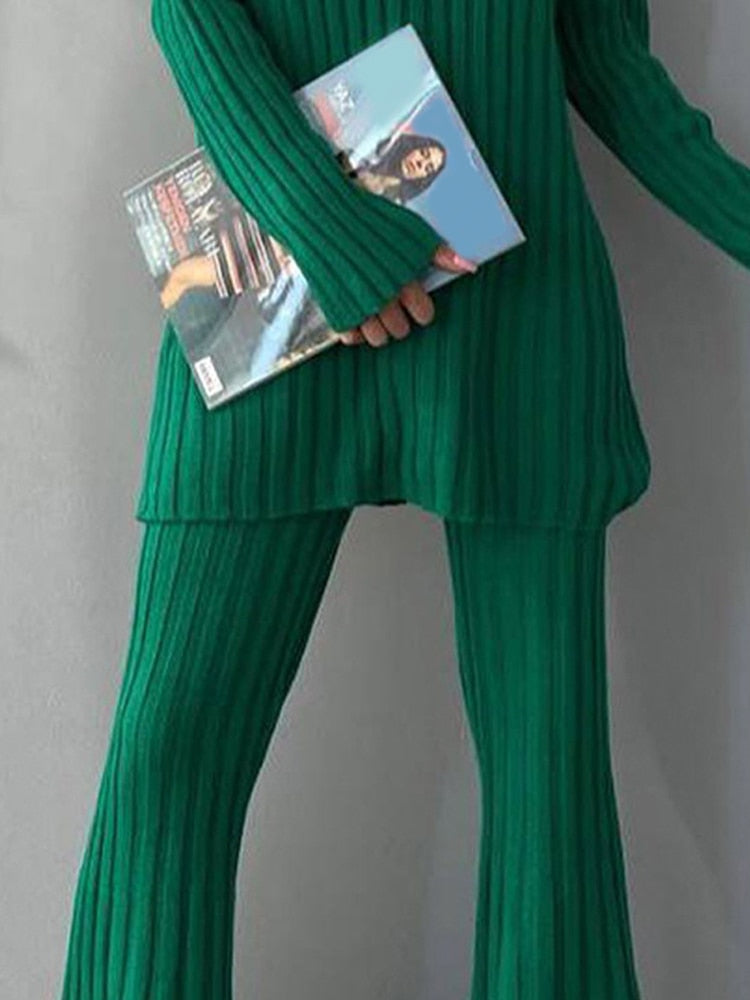 Women's Ribbed Turtleneck & Flared Trousers Co-Ord Set 14