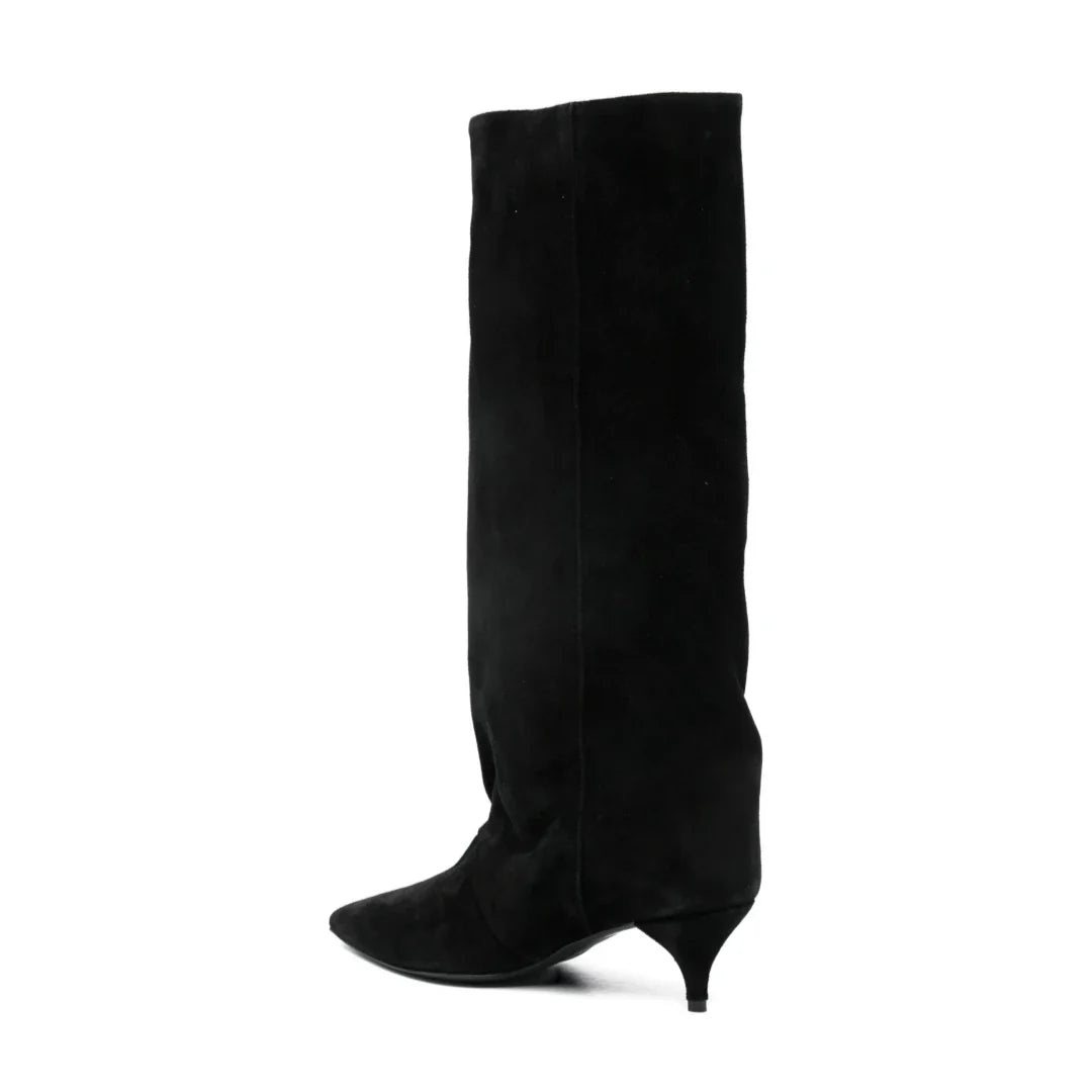 Kitten Heel Knee-High Boots — Pointed Toe Suede & Faux Leather 5