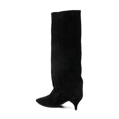 Kitten Heel Knee-High Boots — Pointed Toe Suede & Faux Leather 5