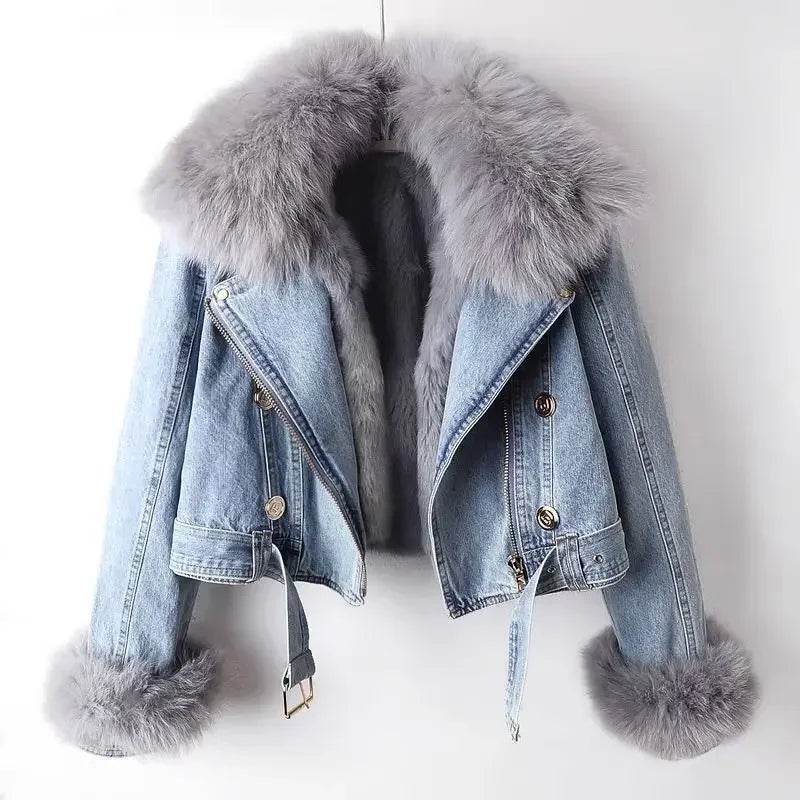 Faux Fur Denim Jacket Women — Cropped Biker Style 6