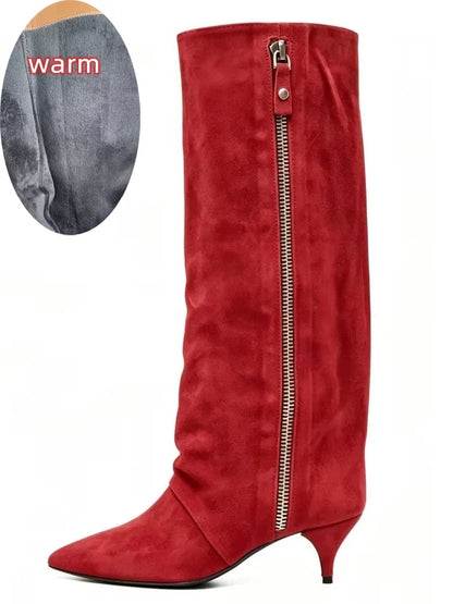 Kitten Heel Knee-High Boots — Pointed Toe Suede & Faux Leather 8