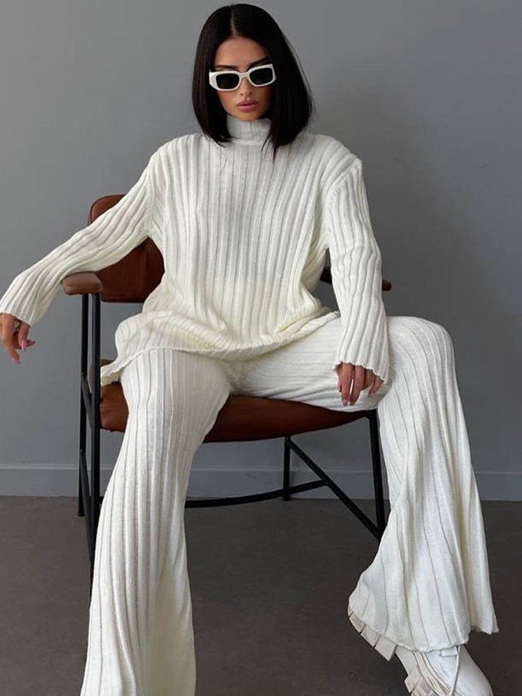 Women's Ribbed Turtleneck & Flared Trousers Co-Ord Set 8