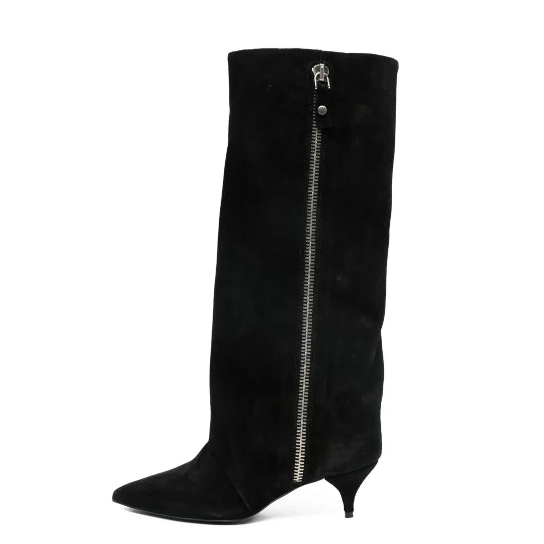 Kitten Heel Knee-High Boots — Pointed Toe Suede & Faux Leather 2