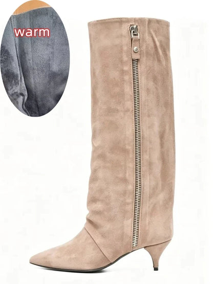 Kitten Heel Knee-High Boots — Pointed Toe Suede & Faux Leather 9