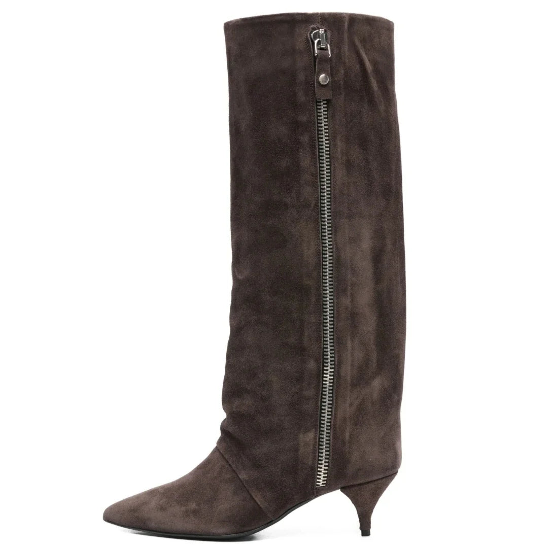 Kitten Heel Knee-High Boots — Pointed Toe Suede & Faux Leather 6