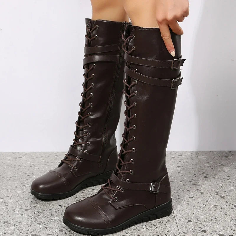 Knee High Lace-Up Boots — Buckle Straps & Side Zip 6