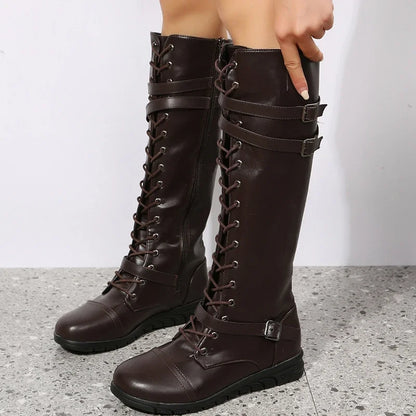Knee High Lace-Up Boots — Buckle Straps & Side Zip 6