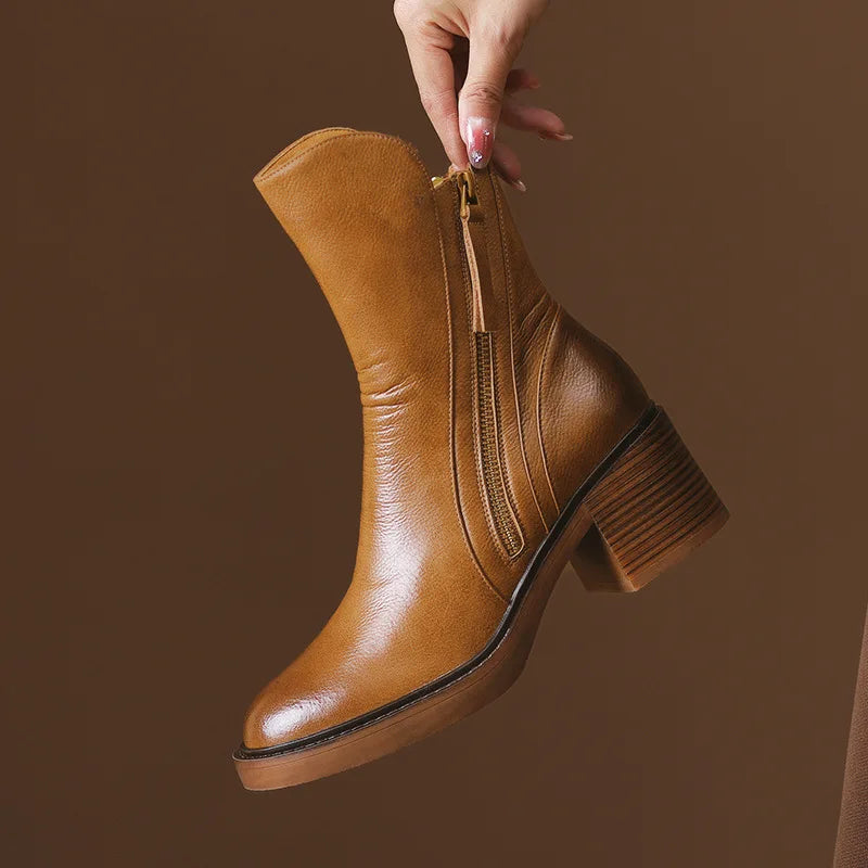 Aria Leather Ankle Boots — Block Heel & Side Zipper 1