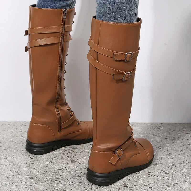 Knee High Lace-Up Boots — Buckle Straps & Side Zip 2