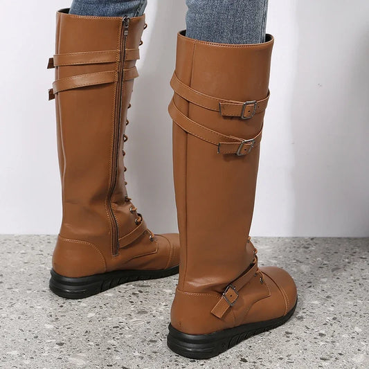 Knee High Lace-Up Boots — Buckle Straps & Side Zip 2