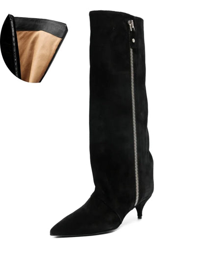 Kitten Heel Knee-High Boots — Pointed Toe Suede & Faux Leather 17